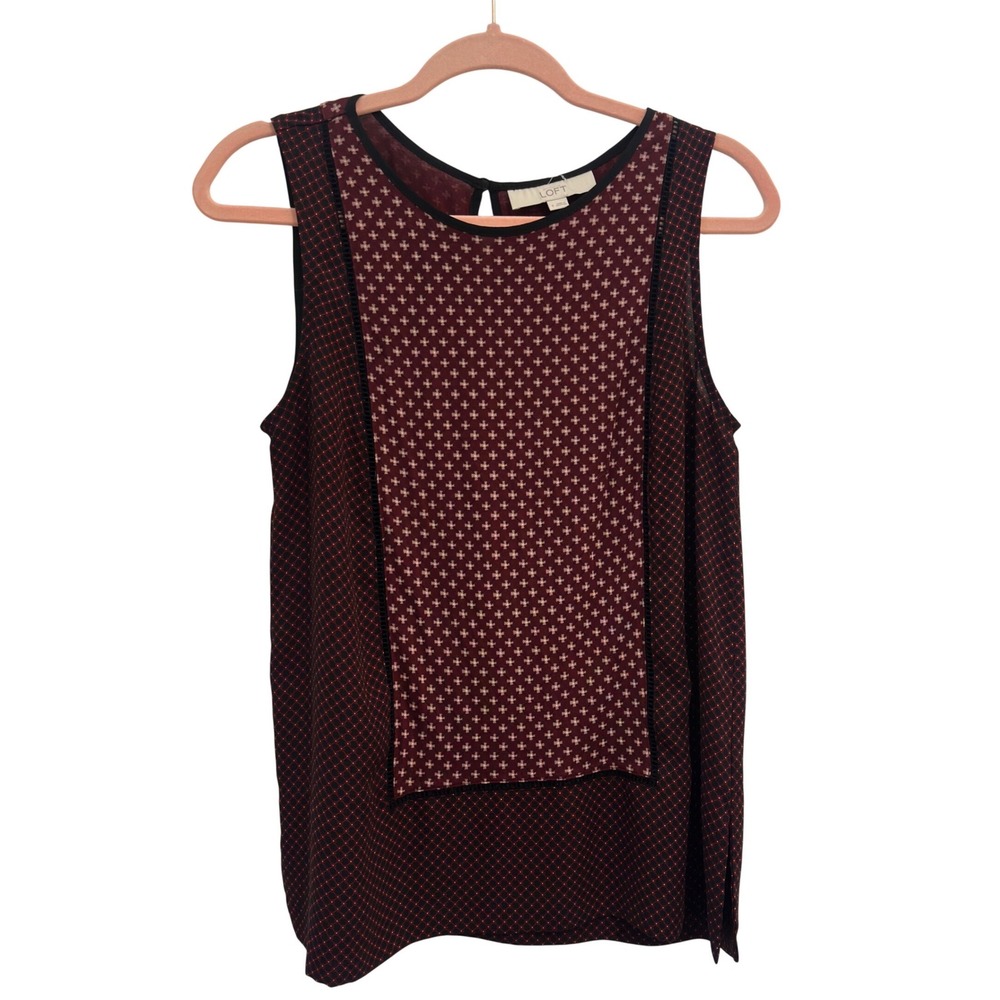 LOFT‎ Size S Burgundy Black Geometric Mixed Print Sleeveless Blouse Rayon Shell
